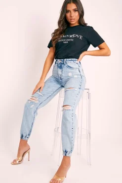 Rebellious Fashion Blue Distressed Cuffed Ankle Jeans - Viola