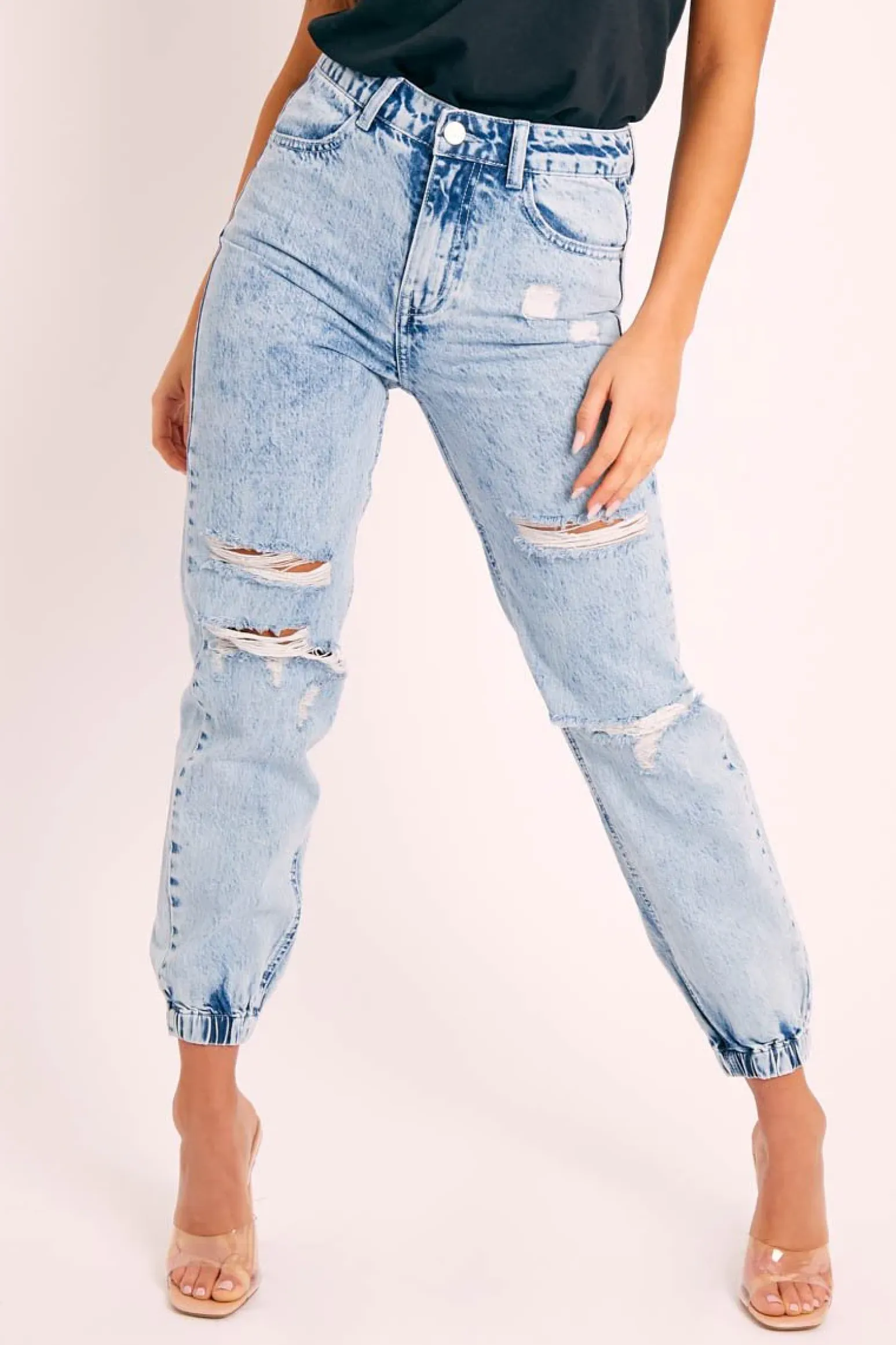Rebellious Fashion Blue Distressed Cuffed Ankle Jeans - Viola