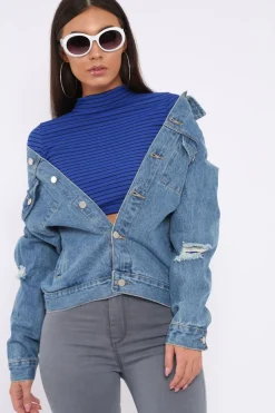 Rebellious Fashion Blue Distressed Denim Jacket - Friya
