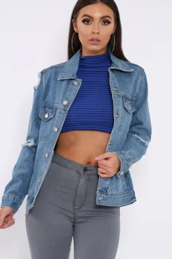 Rebellious Fashion Blue Distressed Denim Jacket - Friya