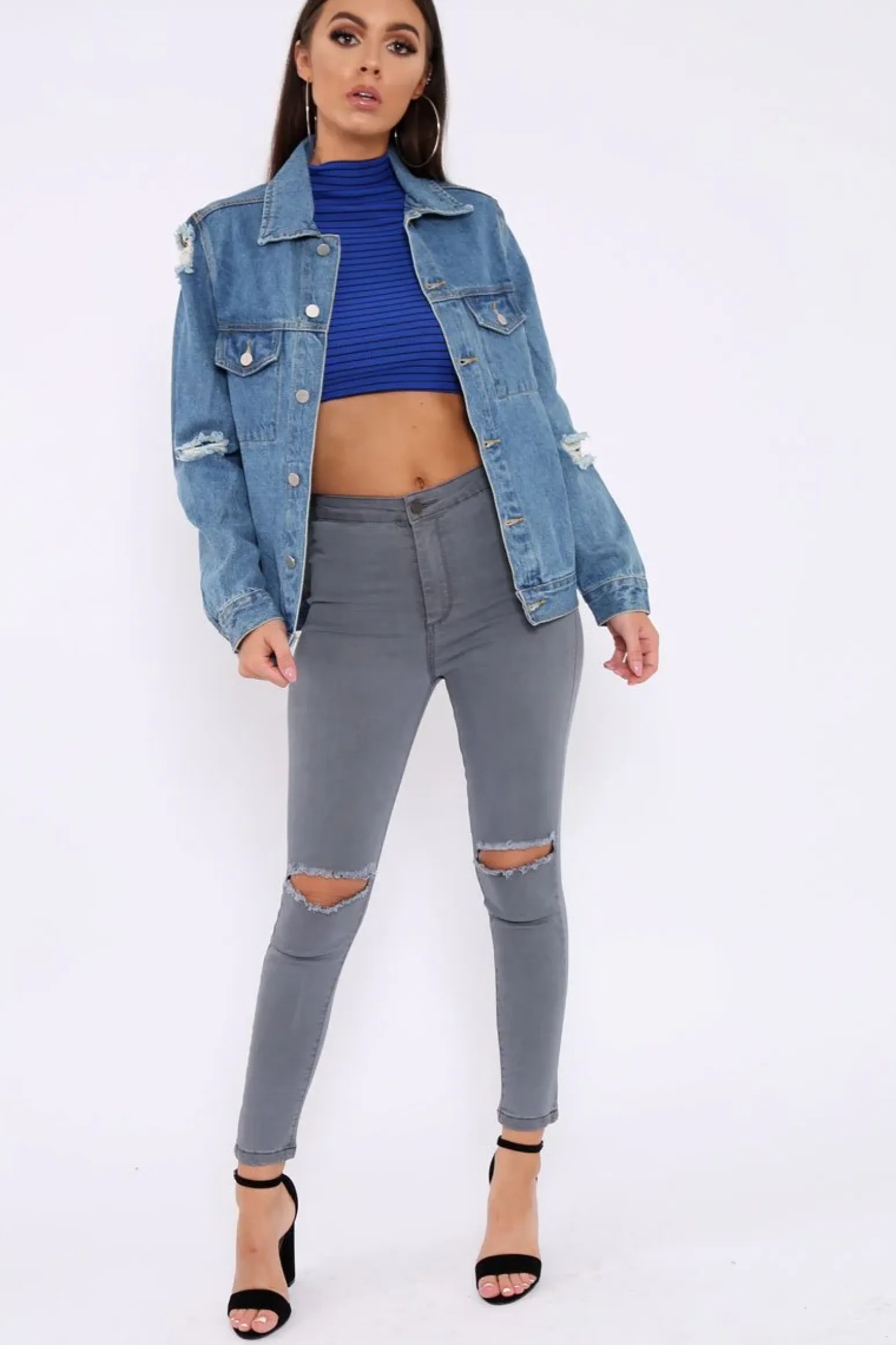 Rebellious Fashion Blue Distressed Denim Jacket - Friya
