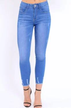 Rebellious Fashion Blue Distressed Detail Raw Hem Skinny Jeans - Celeste