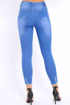 Rebellious Fashion Blue Distressed Detail Raw Hem Skinny Jeans - Celeste