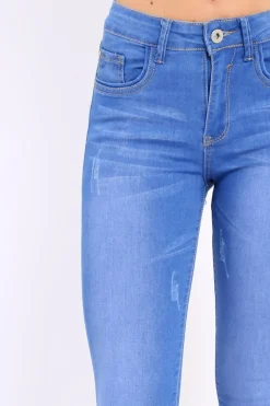 Rebellious Fashion Blue Distressed Detail Raw Hem Skinny Jeans - Celeste