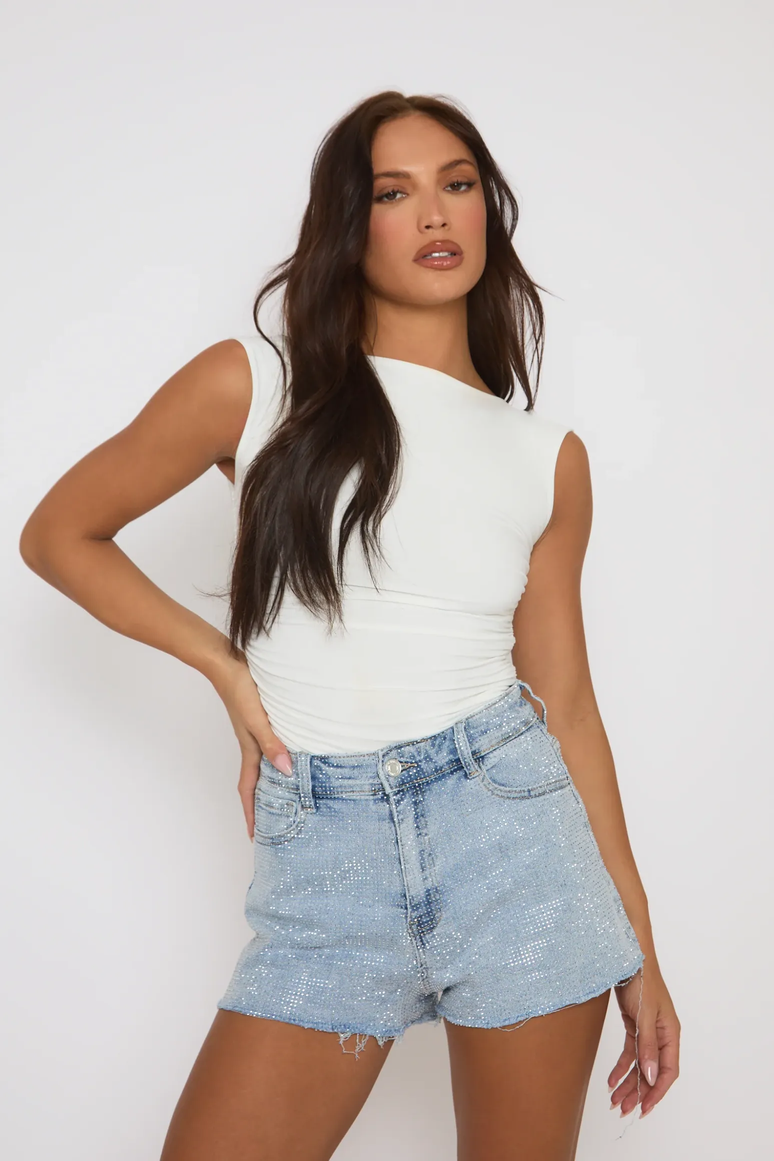 Rebellious Fashion Blue Distressed Hem Diamante Shorts - Patsy