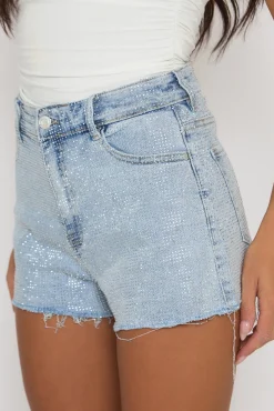 Rebellious Fashion Blue Distressed Hem Diamante Shorts - Patsy