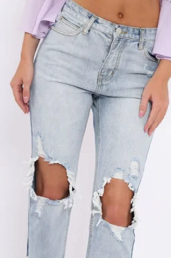 Rebellious Fashion Blue Distressed Knee Cut Out Hem Mum Jeans - Gabryela
