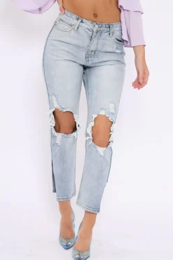 Rebellious Fashion Blue Distressed Knee Cut Out Hem Mum Jeans - Gabryela