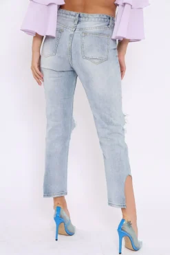 Rebellious Fashion Blue Distressed Knee Cut Out Hem Mum Jeans - Gabryela