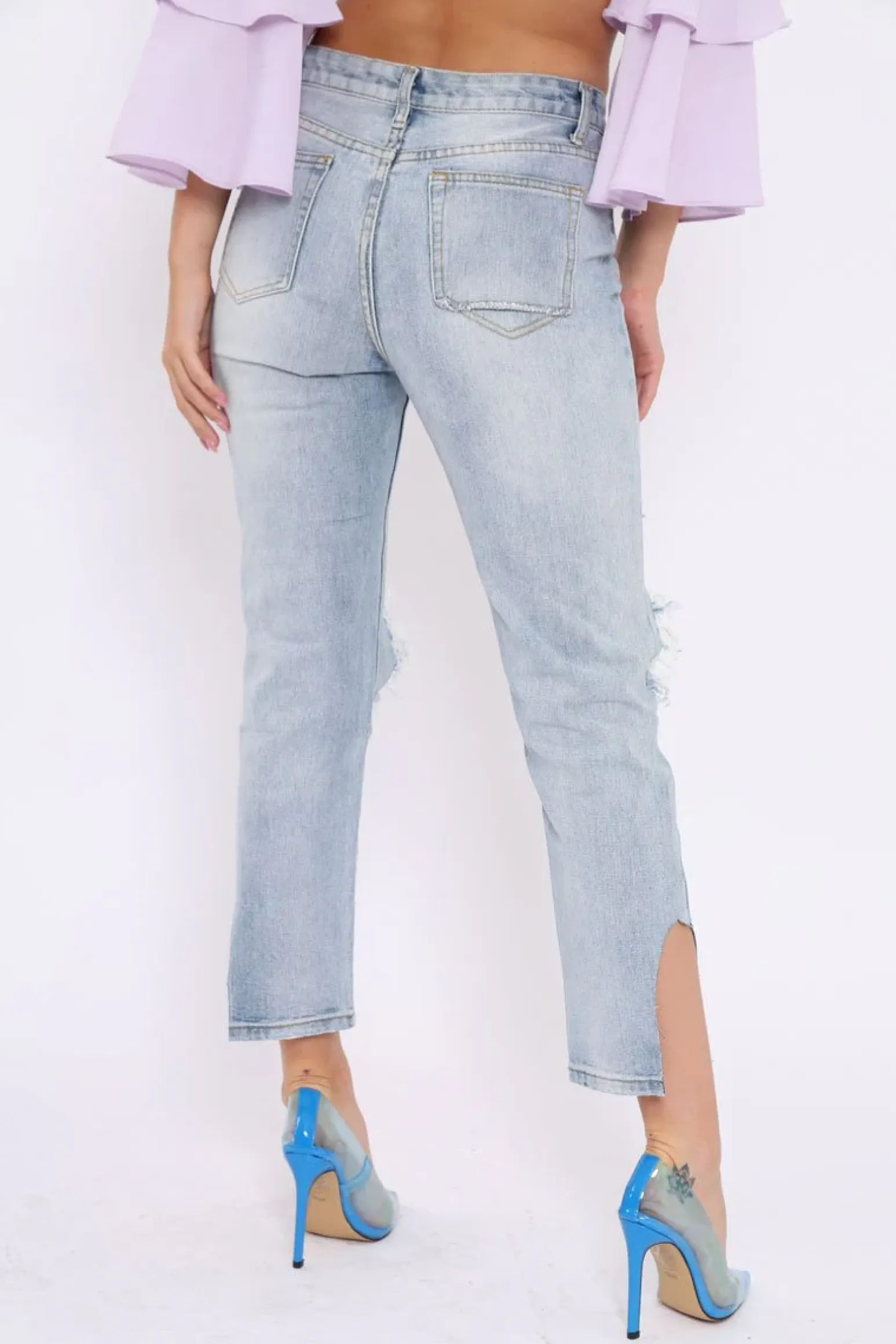 Rebellious Fashion Blue Distressed Knee Cut Out Hem Mum Jeans - Gabryela