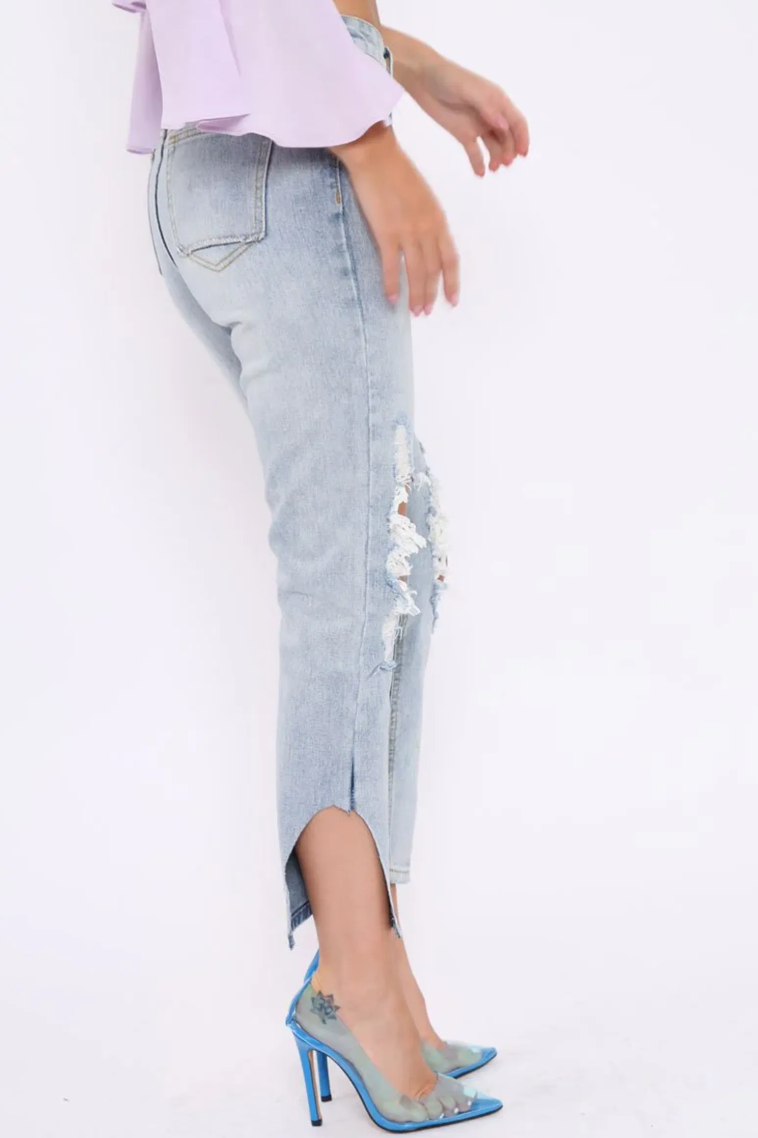 Rebellious Fashion Blue Distressed Knee Cut Out Hem Mum Jeans - Gabryela
