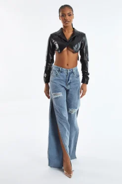 Rebellious Fashion Blue Distressed Side Slit Wide Leg Jeans - Della