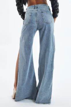 Rebellious Fashion Blue Distressed Side Slit Wide Leg Jeans - Della