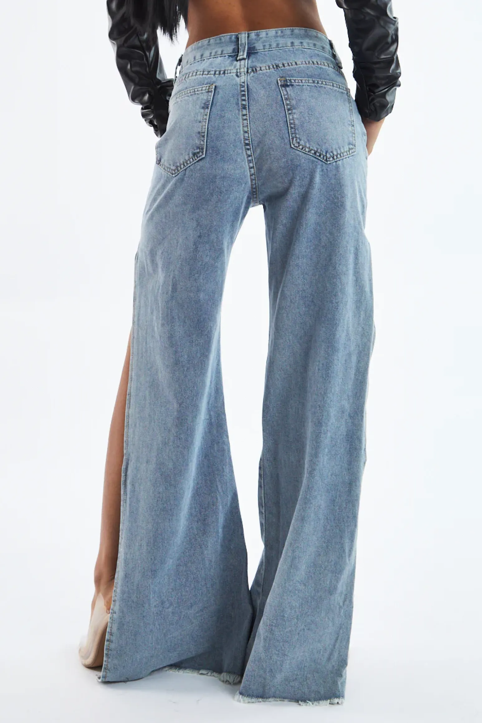 Rebellious Fashion Blue Distressed Side Slit Wide Leg Jeans - Della
