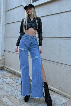 Rebellious Fashion Blue Distressed Side Slit Wide Leg Jeans - Della