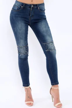 Rebellious Fashion Blue Embellished Knees Denim Jeans - Kadi