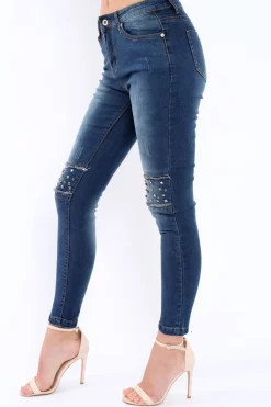 Rebellious Fashion Blue Embellished Knees Denim Jeans - Kadi