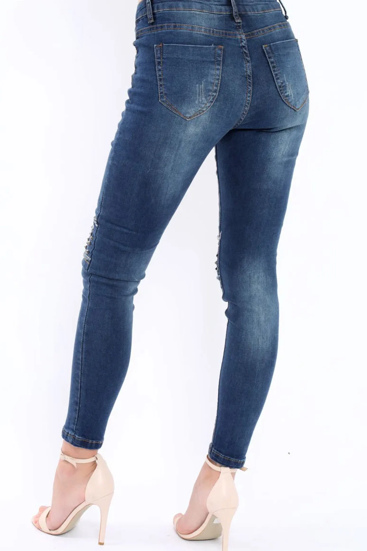 Rebellious Fashion Blue Embellished Knees Denim Jeans - Kadi