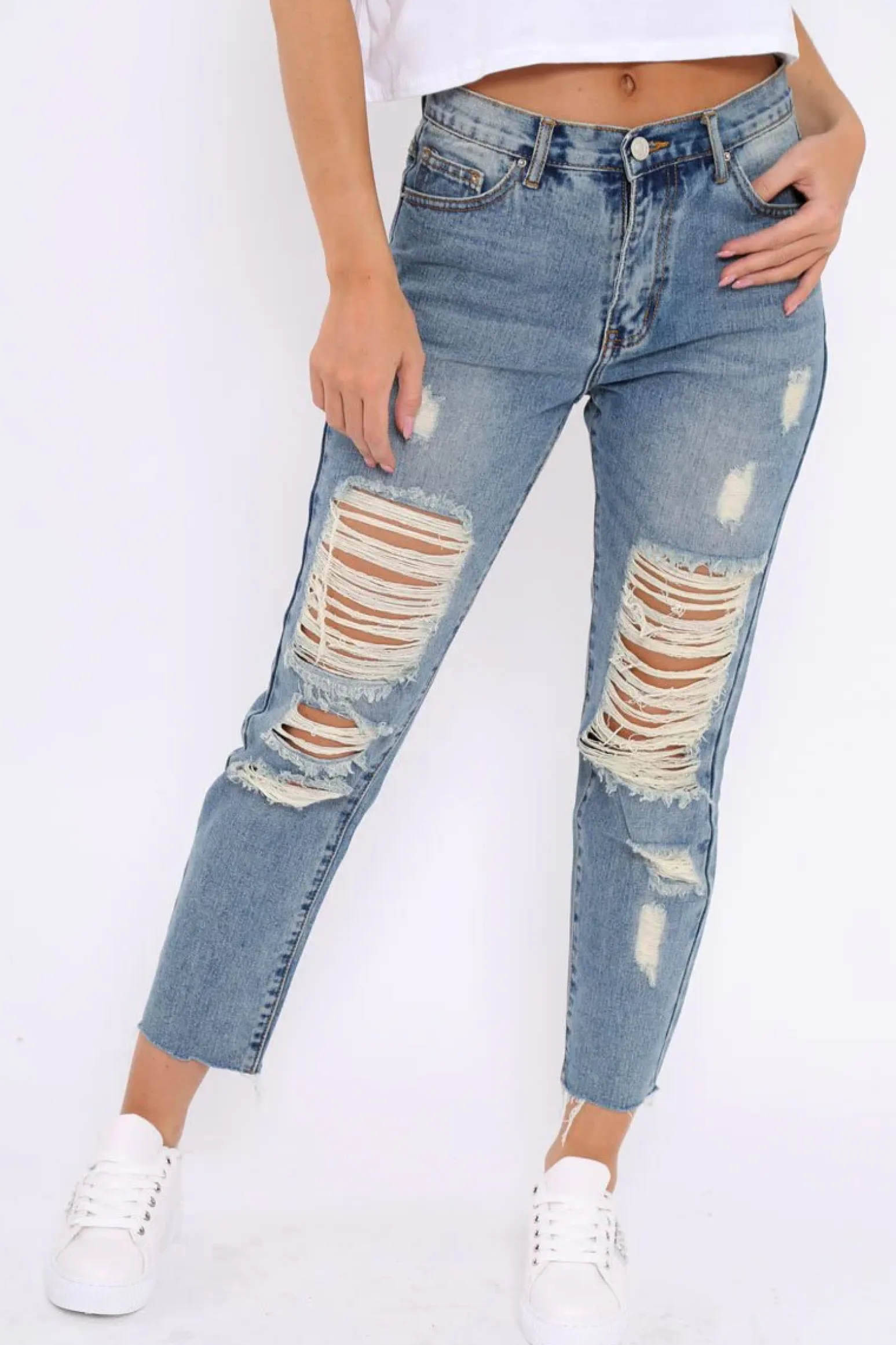 Rebellious Fashion Blue Extreme Distressed Frey Hem Jeans - Terri