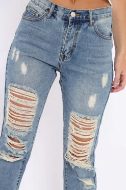 Rebellious Fashion Blue Extreme Distressed Frey Hem Jeans - Terri