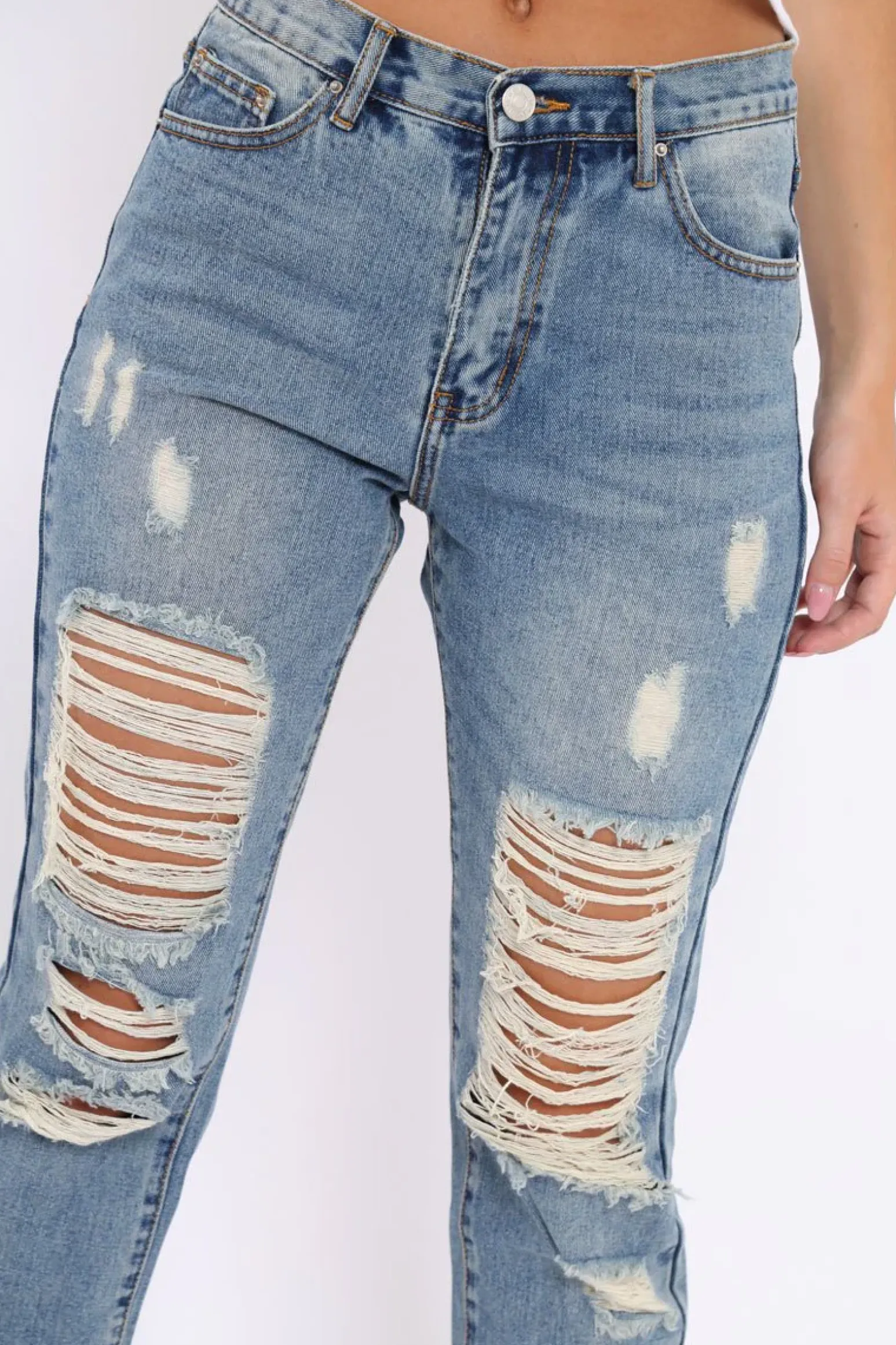 Rebellious Fashion Blue Extreme Distressed Frey Hem Jeans - Terri