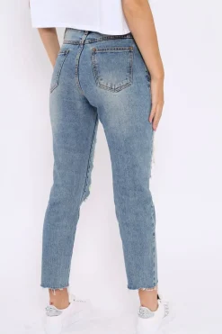 Rebellious Fashion Blue Extreme Distressed Frey Hem Jeans - Terri