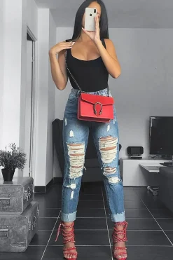 Rebellious Fashion Blue Extreme Distressed Frey Hem Jeans - Terri