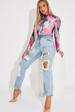 Rebellious Fashion Blue Extremely Ripped Denim Mom Jeans - Ellynor