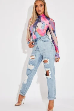 Rebellious Fashion Blue Extremely Ripped Denim Mom Jeans - Ellynor