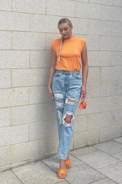 Rebellious Fashion Blue Extremely Ripped Denim Mom Jeans - Ellynor