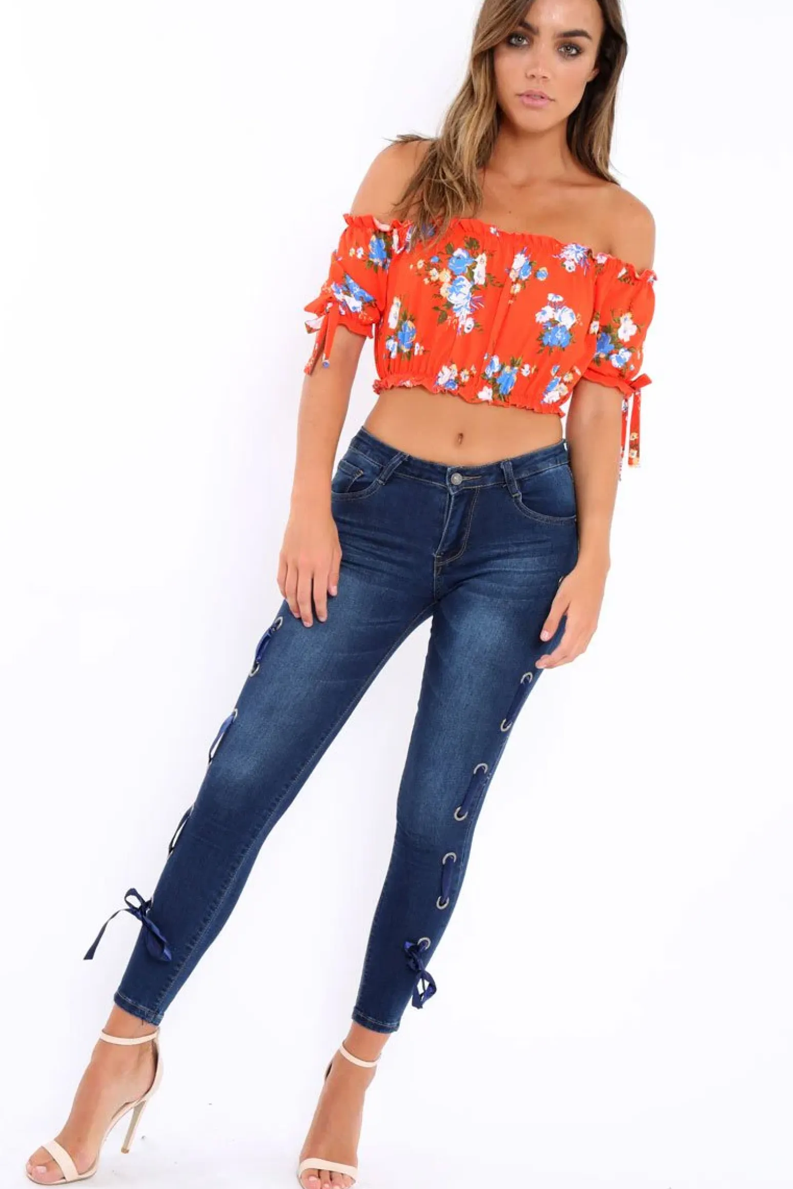 Rebellious Fashion Blue Eyelet Lace Detail Skinny Jeans - Isobel