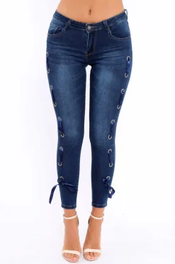 Rebellious Fashion Blue Eyelet Lace Detail Skinny Jeans - Isobel