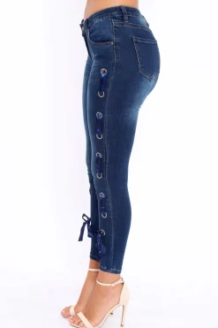 Rebellious Fashion Blue Eyelet Lace Detail Skinny Jeans - Isobel