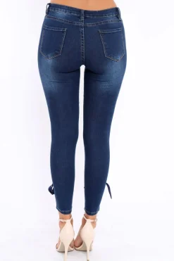 Rebellious Fashion Blue Eyelet Lace Detail Skinny Jeans - Isobel
