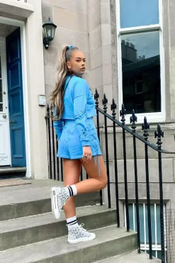 Rebellious Fashion Blue Eyelet Lace Up Shorts - Philippa