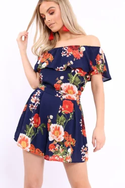 Rebellious Fashion Blue Floral Bardot Playsuit with Frill Detail - Raine
