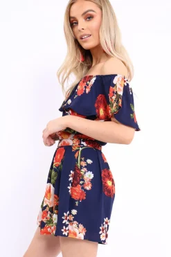 Rebellious Fashion Blue Floral Bardot Playsuit with Frill Detail - Raine