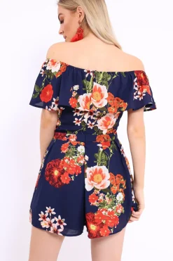 Rebellious Fashion Blue Floral Bardot Playsuit with Frill Detail - Raine