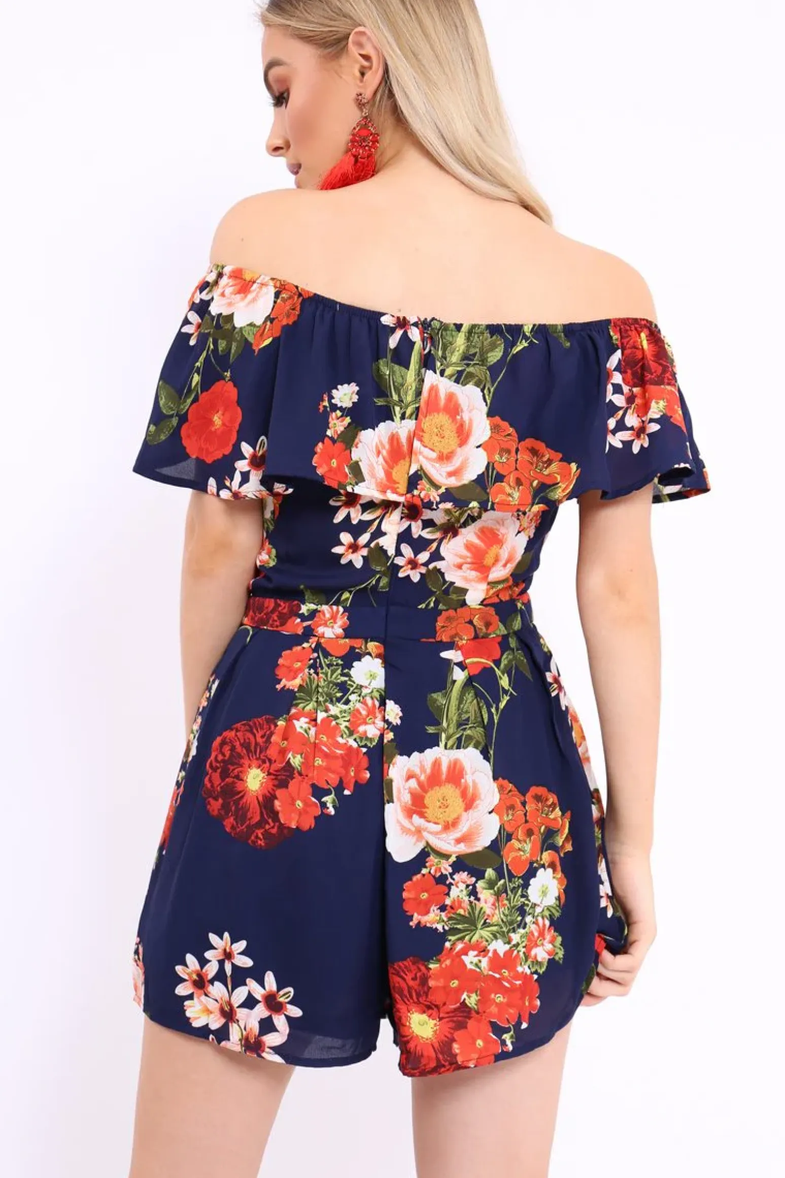 Rebellious Fashion Blue Floral Bardot Playsuit with Frill Detail - Raine