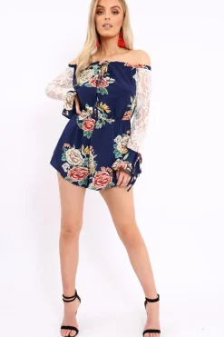 Rebellious Fashion Blue Floral Bardot Playsuit with Lace Sleeves - Caroline