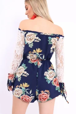 Rebellious Fashion Blue Floral Bardot Playsuit with Lace Sleeves - Caroline