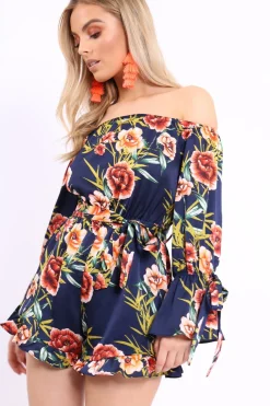 Rebellious Fashion Blue Floral Bardot Playsuit with Frill Hem and Cuffs - Farhanna