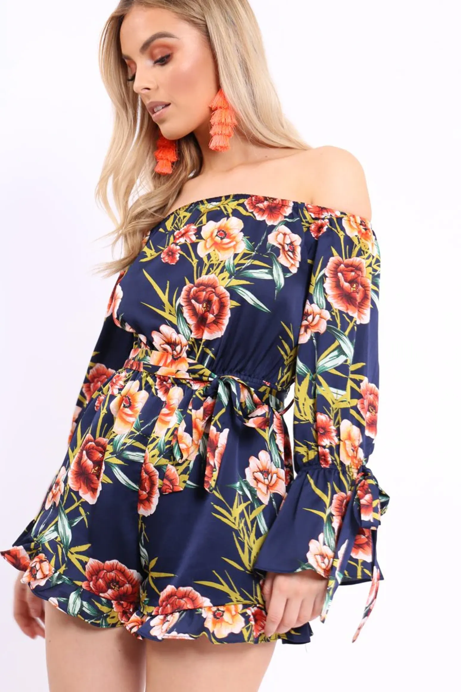 Rebellious Fashion Blue Floral Bardot Playsuit with Frill Hem and Cuffs - Farhanna