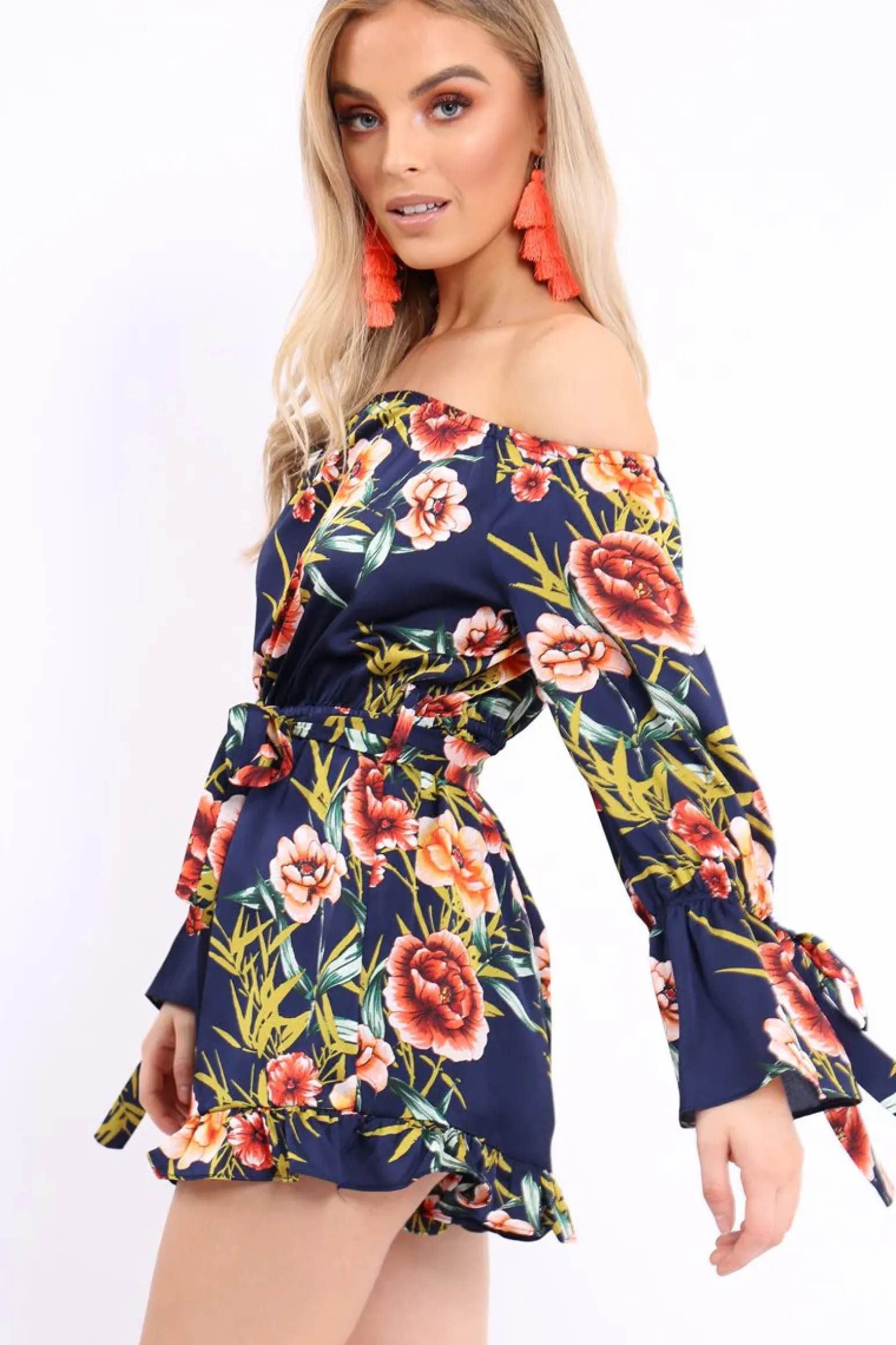 Rebellious Fashion Blue Floral Bardot Playsuit with Frill Hem and Cuffs - Farhanna