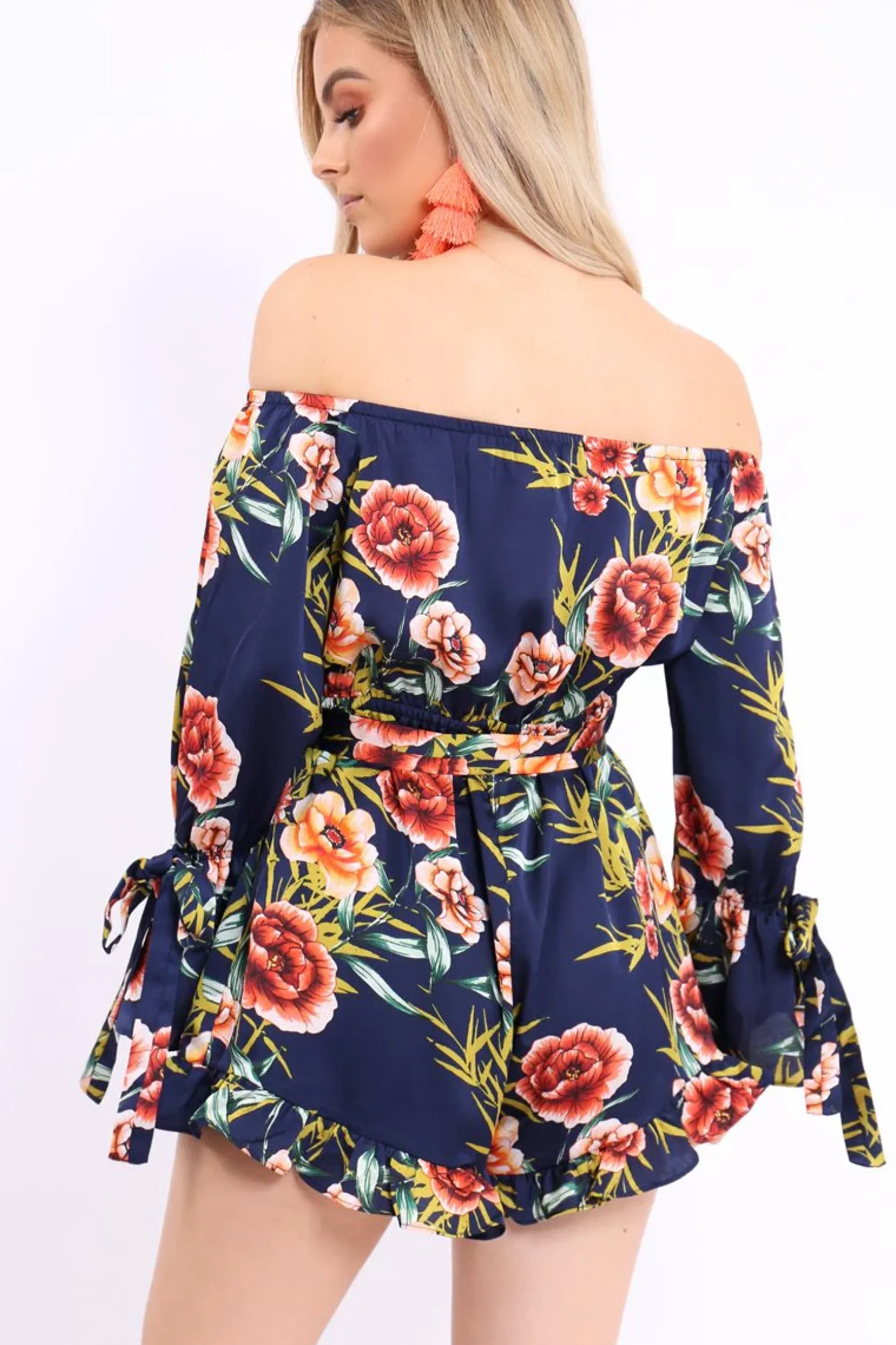 Rebellious Fashion Blue Floral Bardot Playsuit with Frill Hem and Cuffs - Farhanna