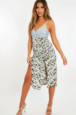 Rebellious Fashion Blue Floral Front Ruched Midi Skirt - Esmie