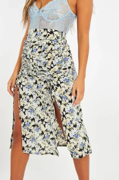 Rebellious Fashion Blue Floral Front Ruched Midi Skirt - Esmie