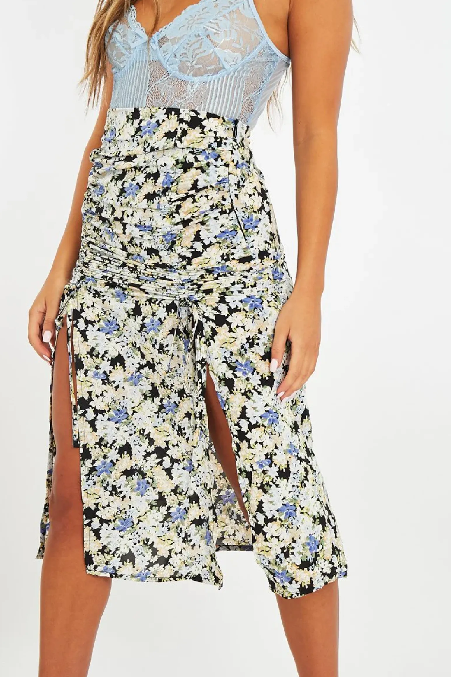 Rebellious Fashion Blue Floral Front Ruched Midi Skirt - Esmie