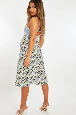 Rebellious Fashion Blue Floral Front Ruched Midi Skirt - Esmie