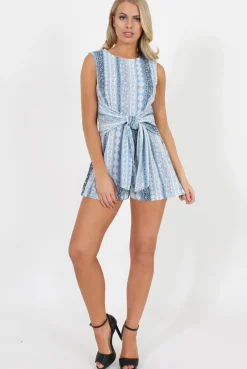 Rebellious Fashion Blue Floral Pattern Tie Waist Playsuit - Molly